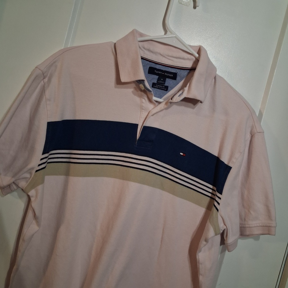 Tommy Hilfiger Polo Shirt Mens M Pink Striped Classic Fit 78J4785 Preppy Casual